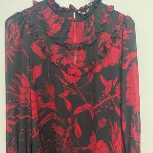 Zara ruffle mini dress black and red floral print